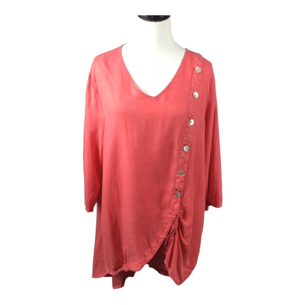 Match Point Linen Lagenlook V-Neck Button-Detail Coral Pink Top Large